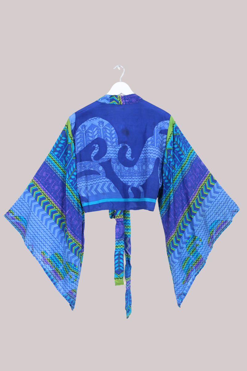 Aries Vintage Silk Wrap Top - Indigo Lime - Size XL
