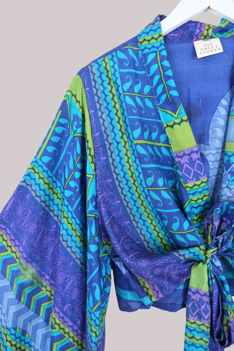 Aries Vintage Silk Wrap Top - Indigo Lime - Size XL