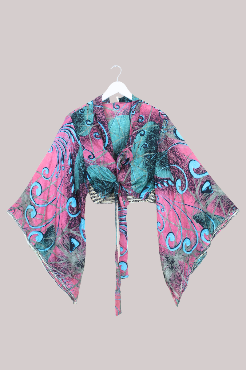 Aries Vintage Silk Wrap Top - Abstract Blush & Blue - Size XXL