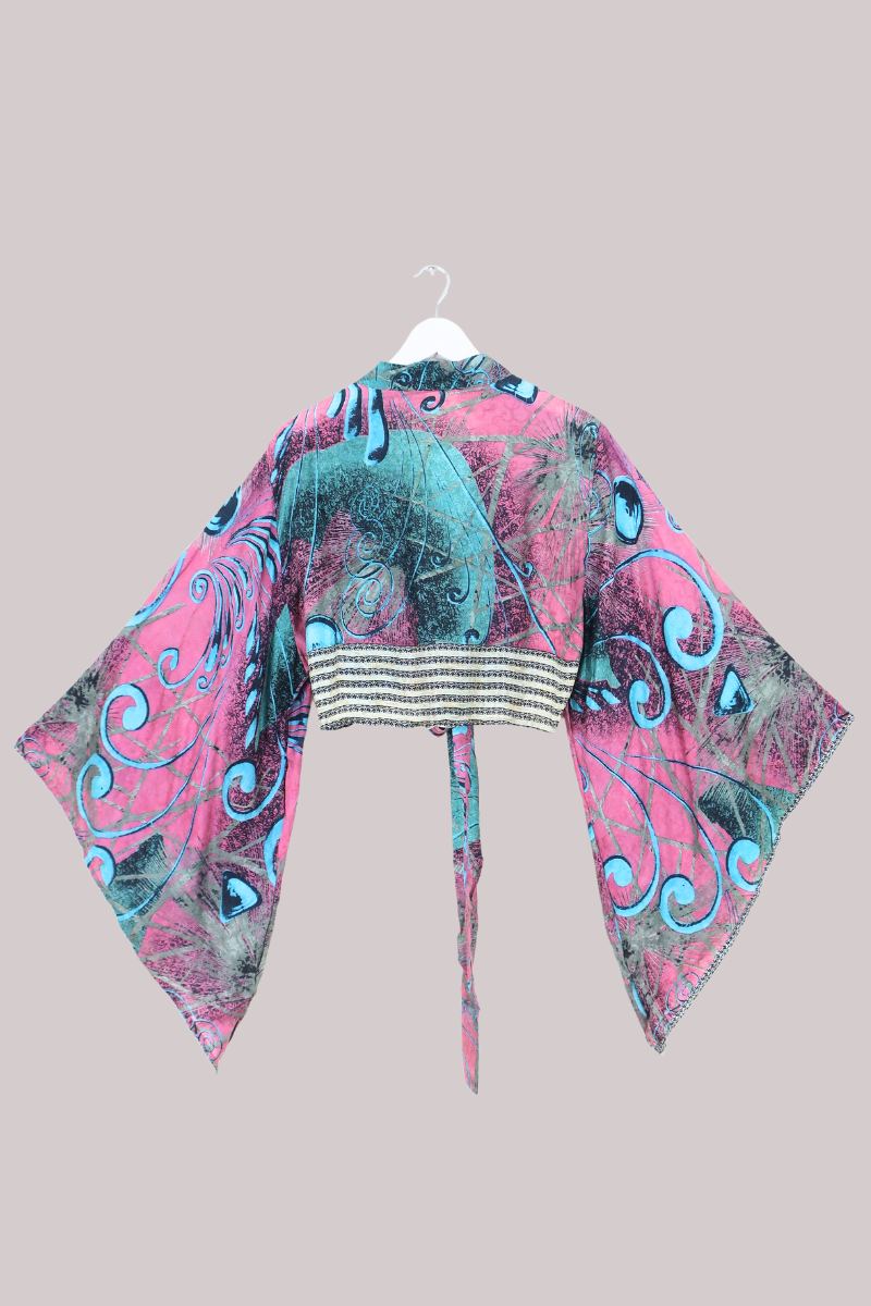 Aries Vintage Silk Wrap Top - Abstract Blush & Blue - Size XXL