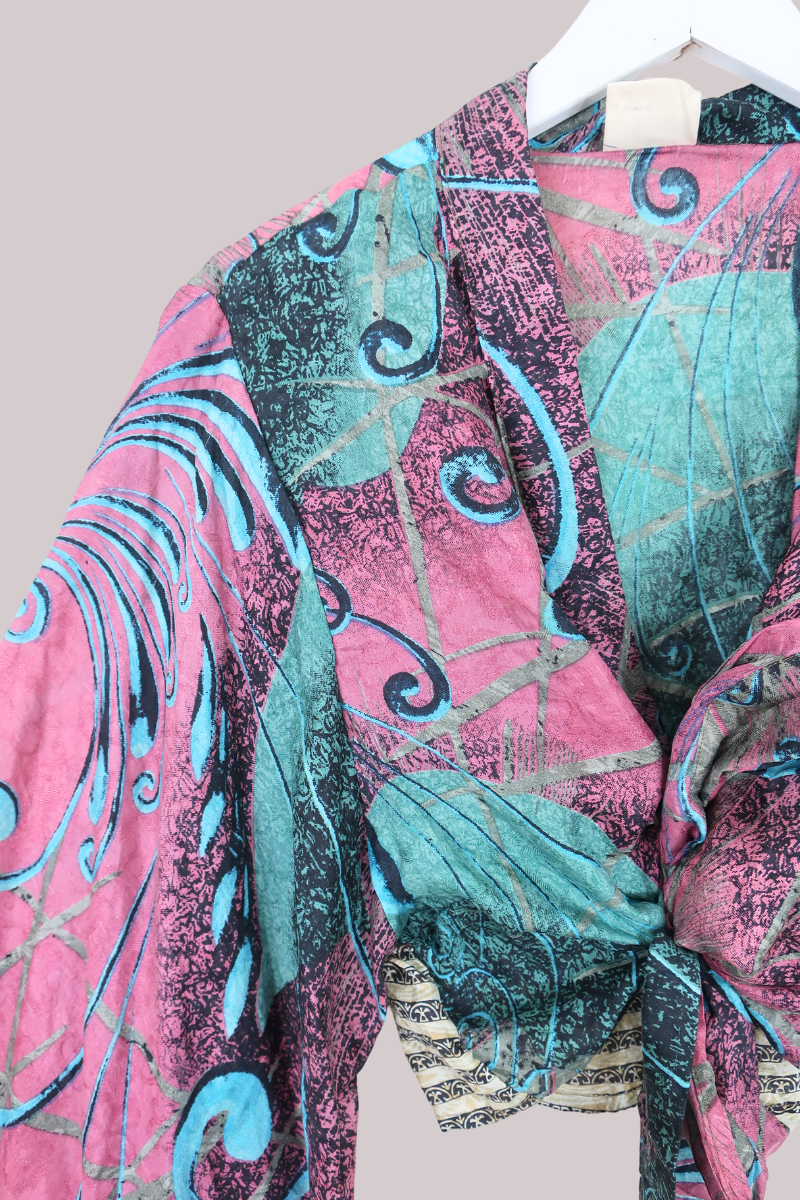 Aries Vintage Silk Wrap Top - Abstract Blush & Blue - Size XXL