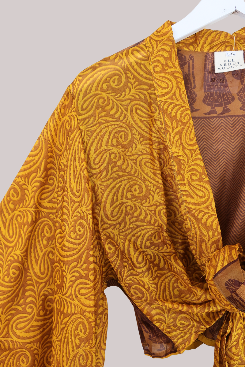 Aries Vintage Silk Wrap Top - Bronze Paisley - Size XL