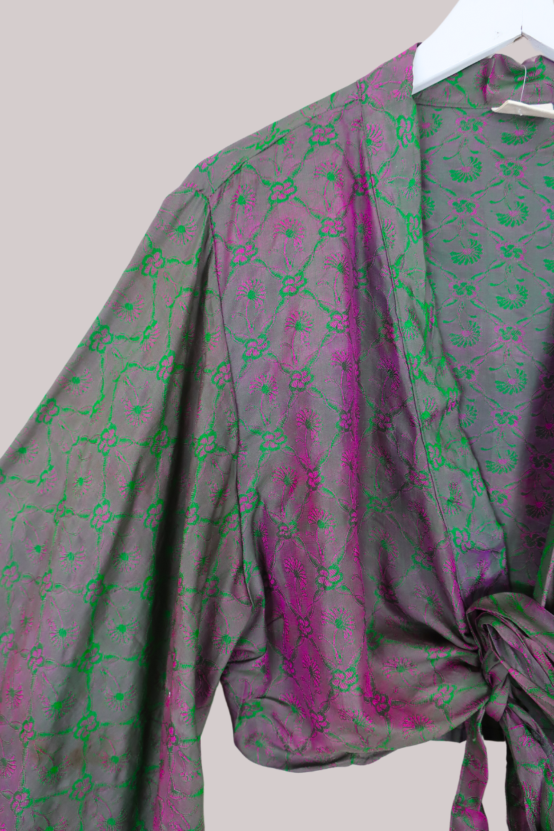 Aries Vintage Silk Wrap Top - Iridescent Midnight Garden - Size XXL