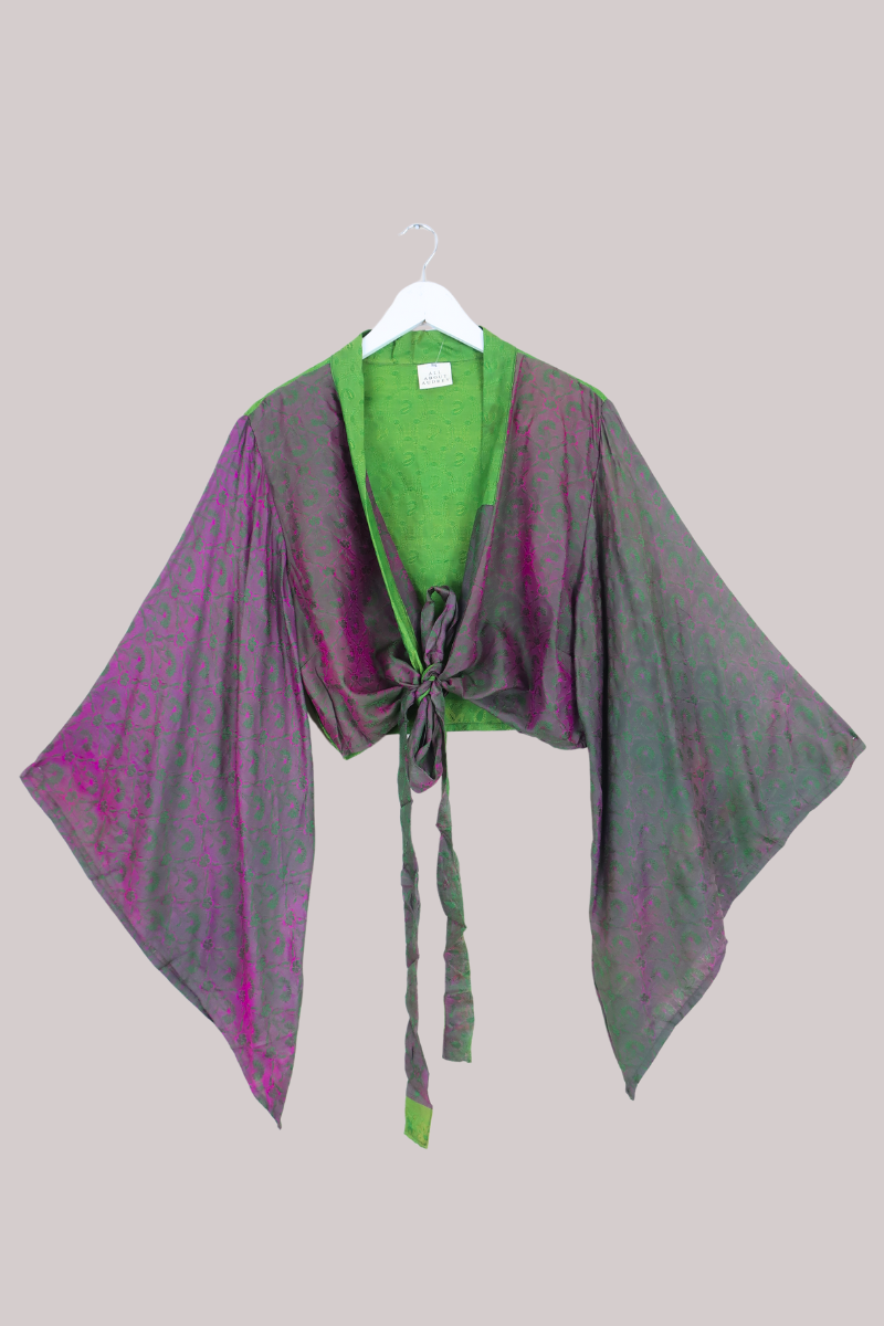 Aries Vintage Silk Wrap Top - Emerald & Amethyst - Size XXL