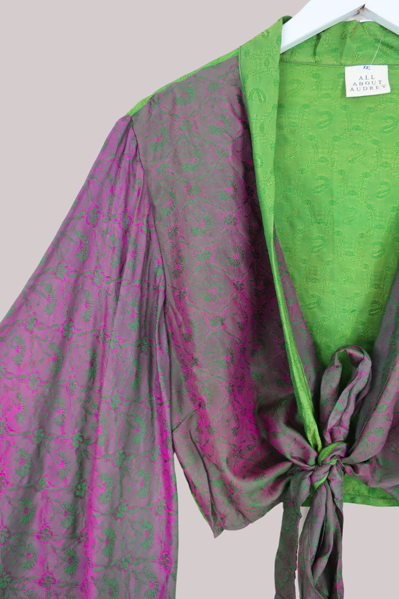 Aries Vintage Silk Wrap Top - Emerald & Amethyst - Size XXL