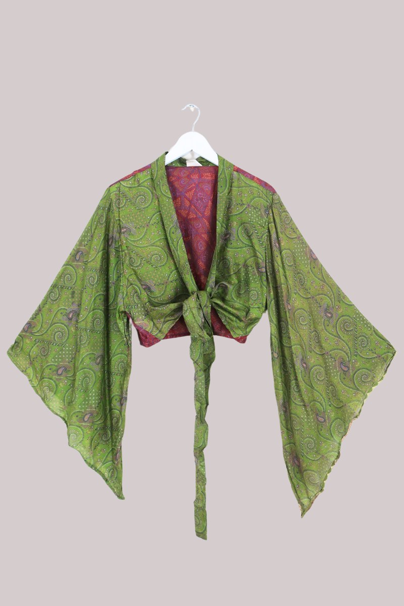 Aries Vintage Silk Wrap Top - Olive Paisley - Size XXL