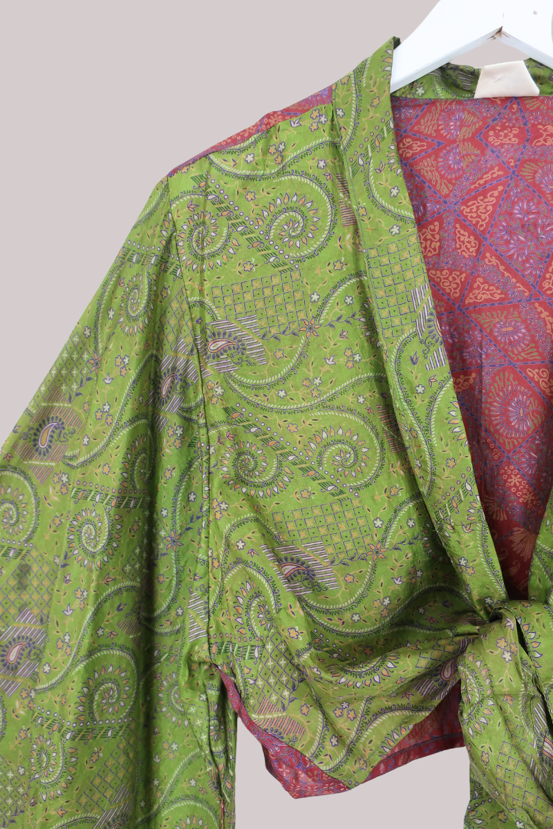 Aries Vintage Silk Wrap Top - Olive Paisley - Size XXL
