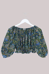 Kitty Vintage Sari Crop Top - Paisley Peacock - Free Size