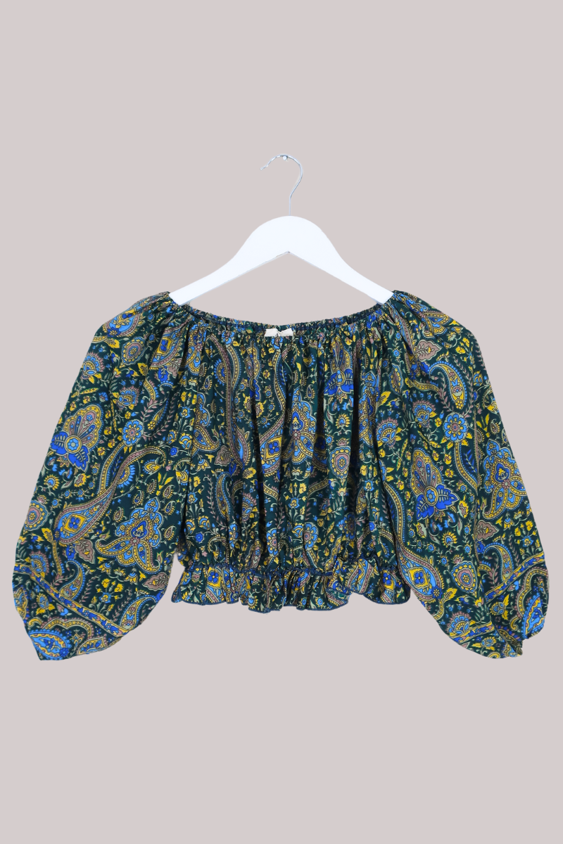 Kitty Vintage Sari Crop Top - Paisley Peacock - Free Size