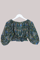Kitty Vintage Sari Crop Top - Paisley Peacock - Free Size