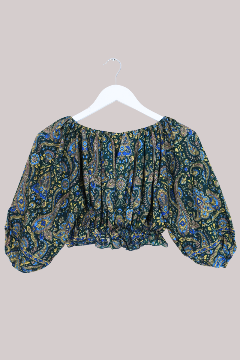 Kitty Vintage Sari Crop Top - Paisley Peacock - Free Size