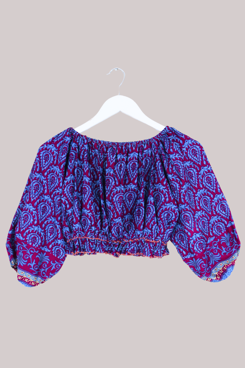 Kitty Vintage Sari Crop Top - Crimson and Blue - Free Size