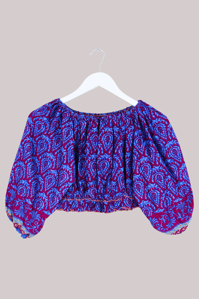 Kitty Vintage Sari Crop Top - Crimson and Blue - Free Size