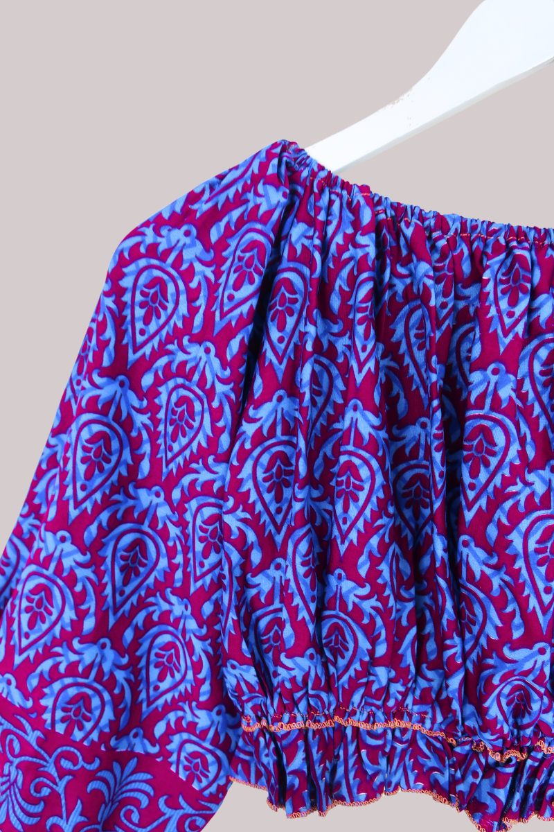 Kitty Vintage Sari Crop Top - Crimson and Blue - Free Size