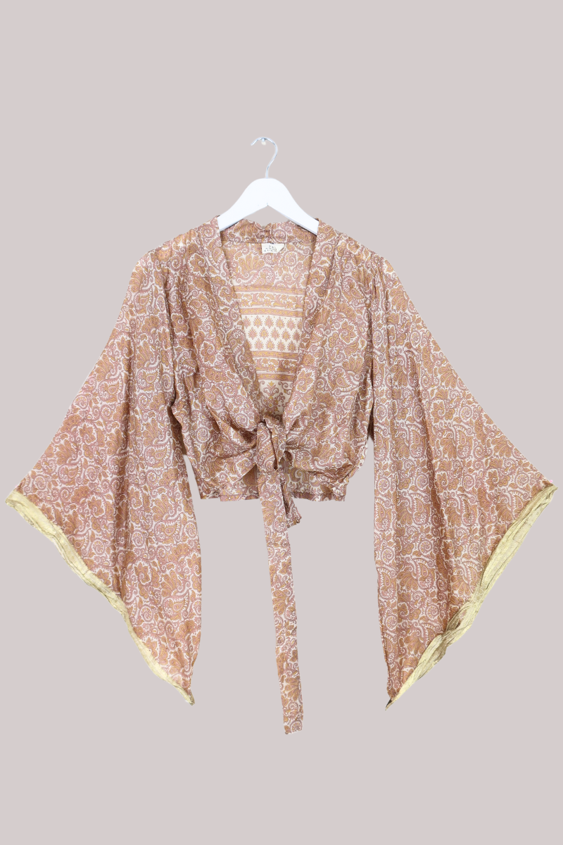 Aries Vintage Silk Wrap Top - Soft Gold Paisley - Size M/L