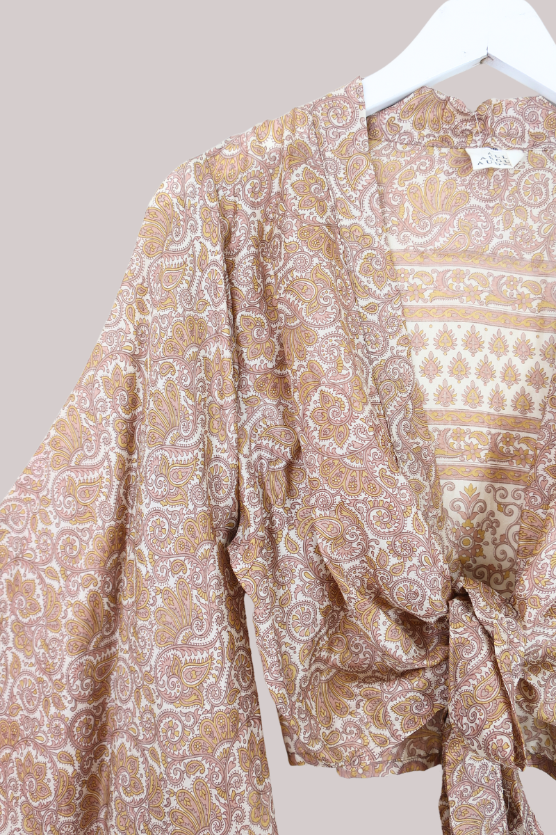 Aries Vintage Silk Wrap Top - Soft Gold Paisley - Size M/L