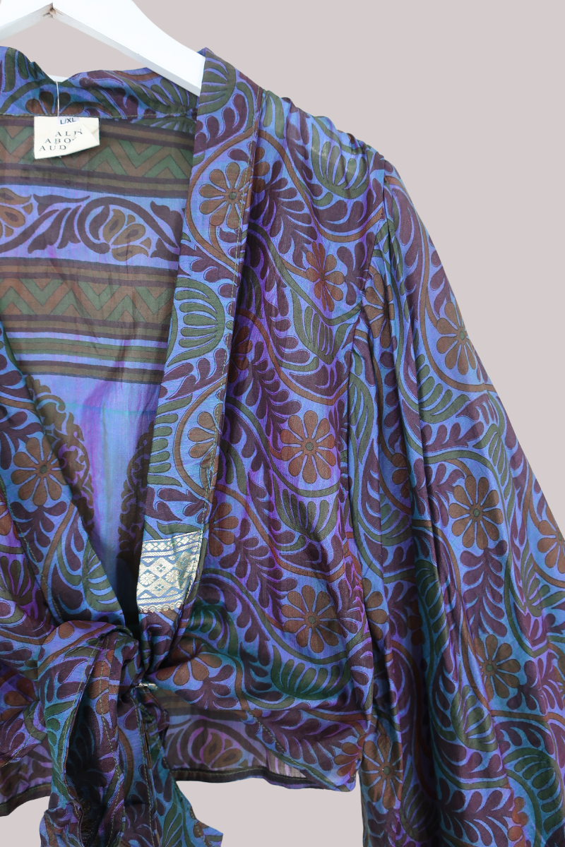 Aries Vintage Silk Wrap Top - Deep Glistening Garden - Size XL
