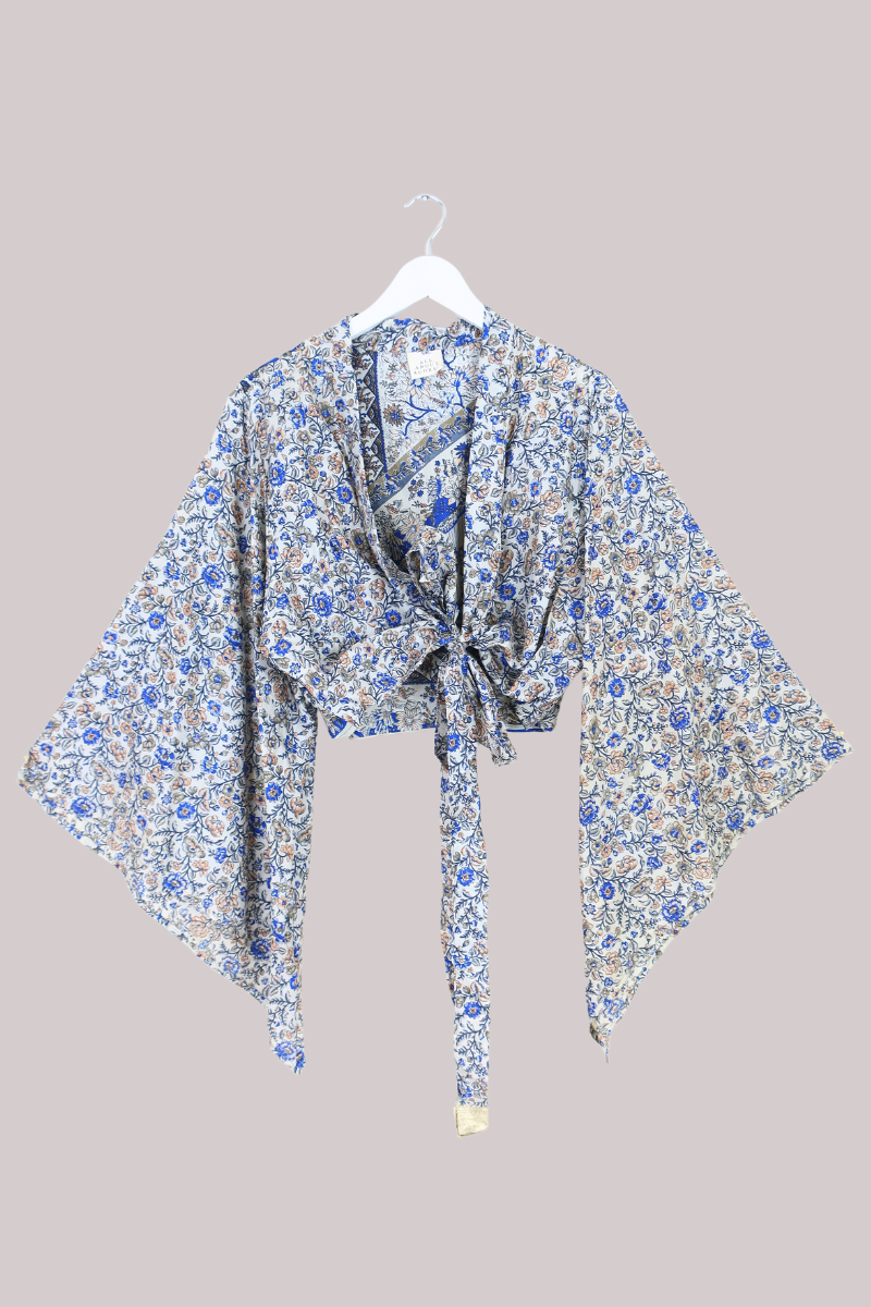 Aries Vintage Silk Wrap Top - Milky Blue Gardenias - Size XL