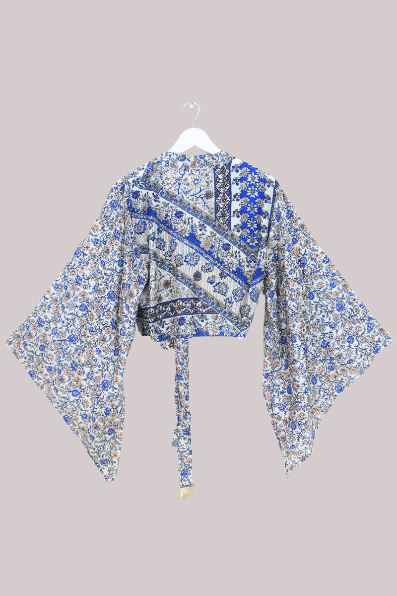 Aries Vintage Silk Wrap Top - Milky Blue Gardenias - Size XL