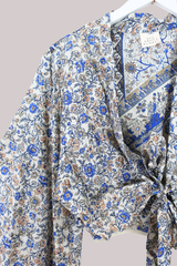 Aries Vintage Silk Wrap Top - Milky Blue Gardenias - Size XL