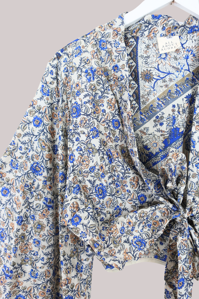Aries Vintage Silk Wrap Top - Milky Blue Gardenias - Size XL