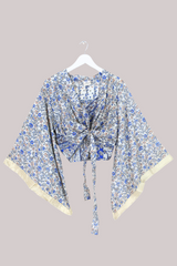 Aries Vintage Silk Wrap Top - Milky Blue Gardenias - Size M/L
