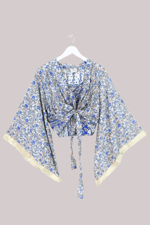 Aries Vintage Silk Wrap Top - Milky Blue Gardenias - Size M/L