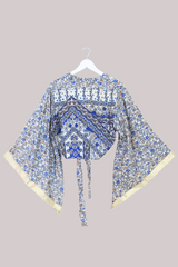 Aries Vintage Silk Wrap Top - Milky Blue Gardenias - Size M/L