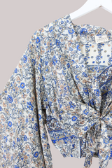 Aries Vintage Silk Wrap Top - Milky Blue Gardenias - Size M/L