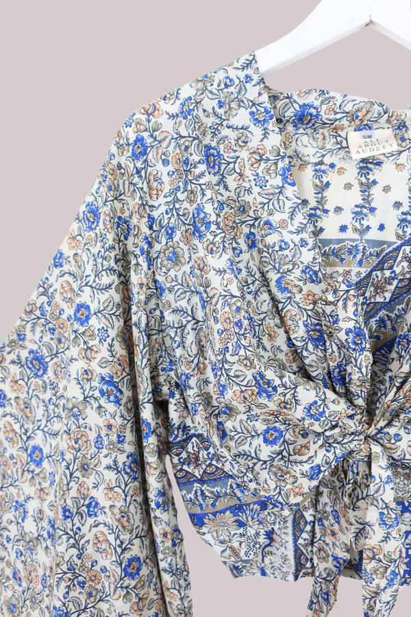 Aries Vintage Silk Wrap Top - Milky Blue Gardenias - Size M/L