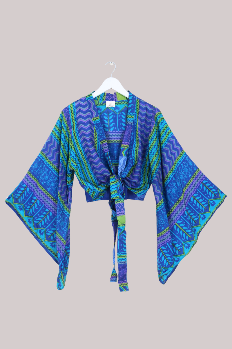 Aries Vintage Silk Wrap Top - Indigo Lime - Size M/L