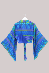 Aries Vintage Silk Wrap Top - Indigo Lime - Size M/L