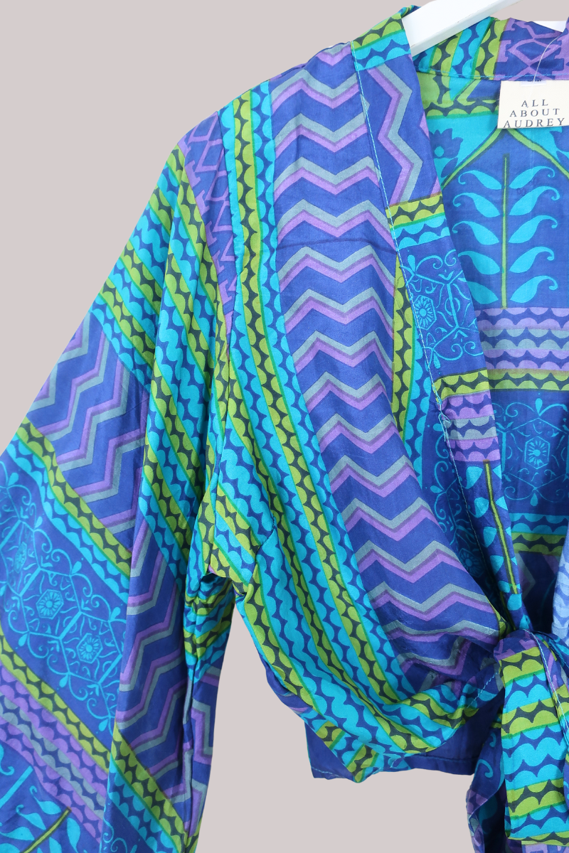 Aries Vintage Silk Wrap Top - Indigo Lime - Size M/L