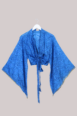 Aries Vintage Silk Wrap Top - Bluebell & Gold - Size XL