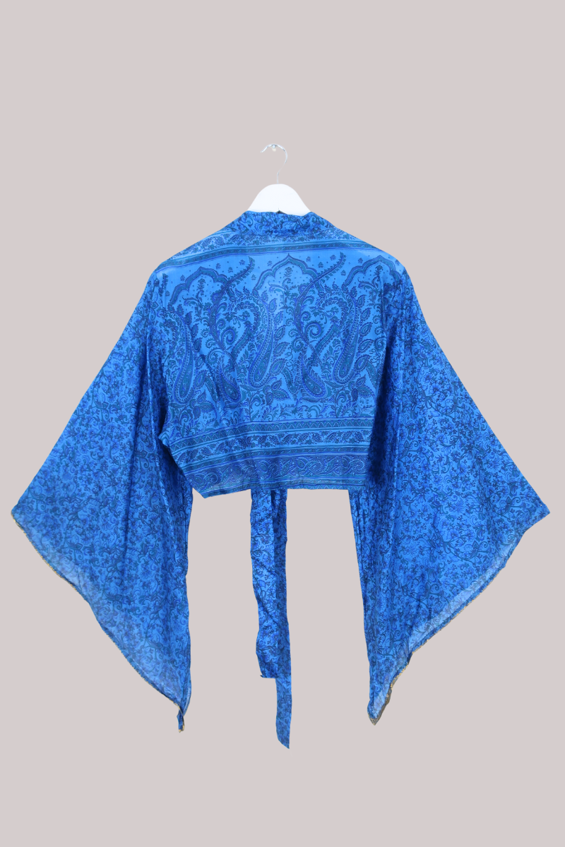 Aries Vintage Silk Wrap Top - Bluebell & Gold - Size XL
