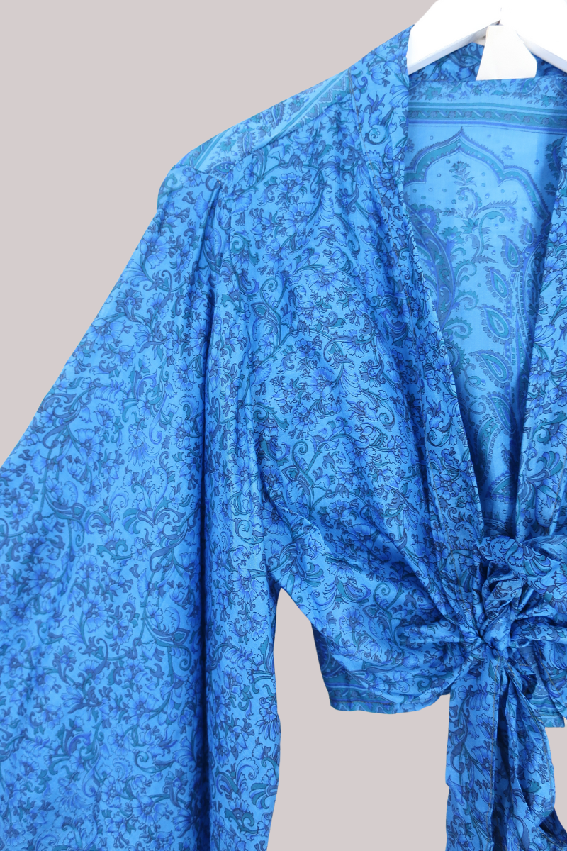 Aries Vintage Silk Wrap Top - Bluebell & Gold - Size XL