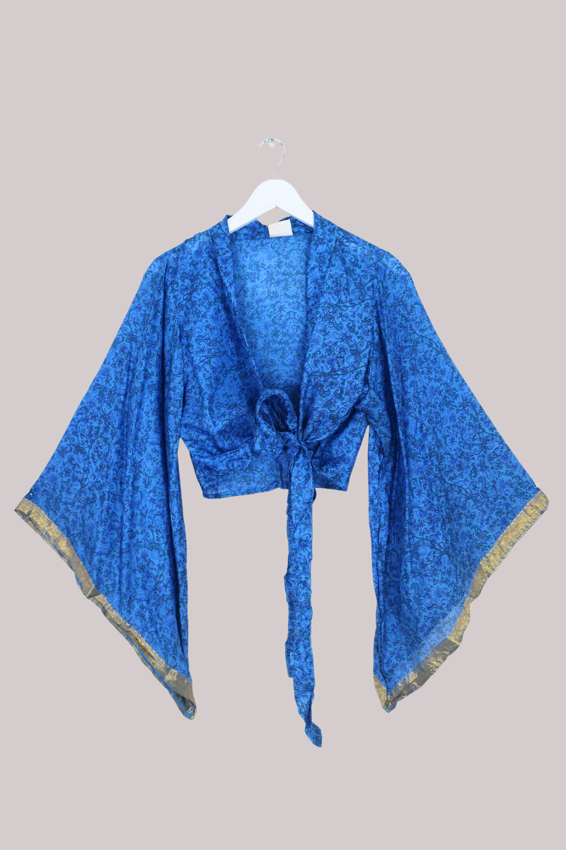 Aries Vintage Silk Wrap Top - Bluebell & Gold - Size M/L