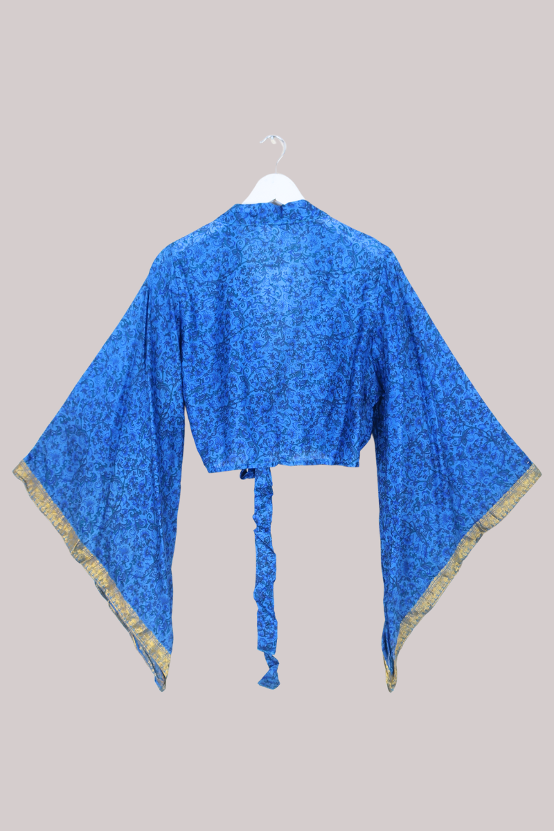 Aries Vintage Silk Wrap Top - Bluebell & Gold - Size M/L