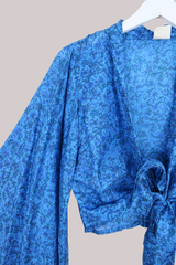 Aries Vintage Silk Wrap Top - Bluebell & Gold - Size M/L