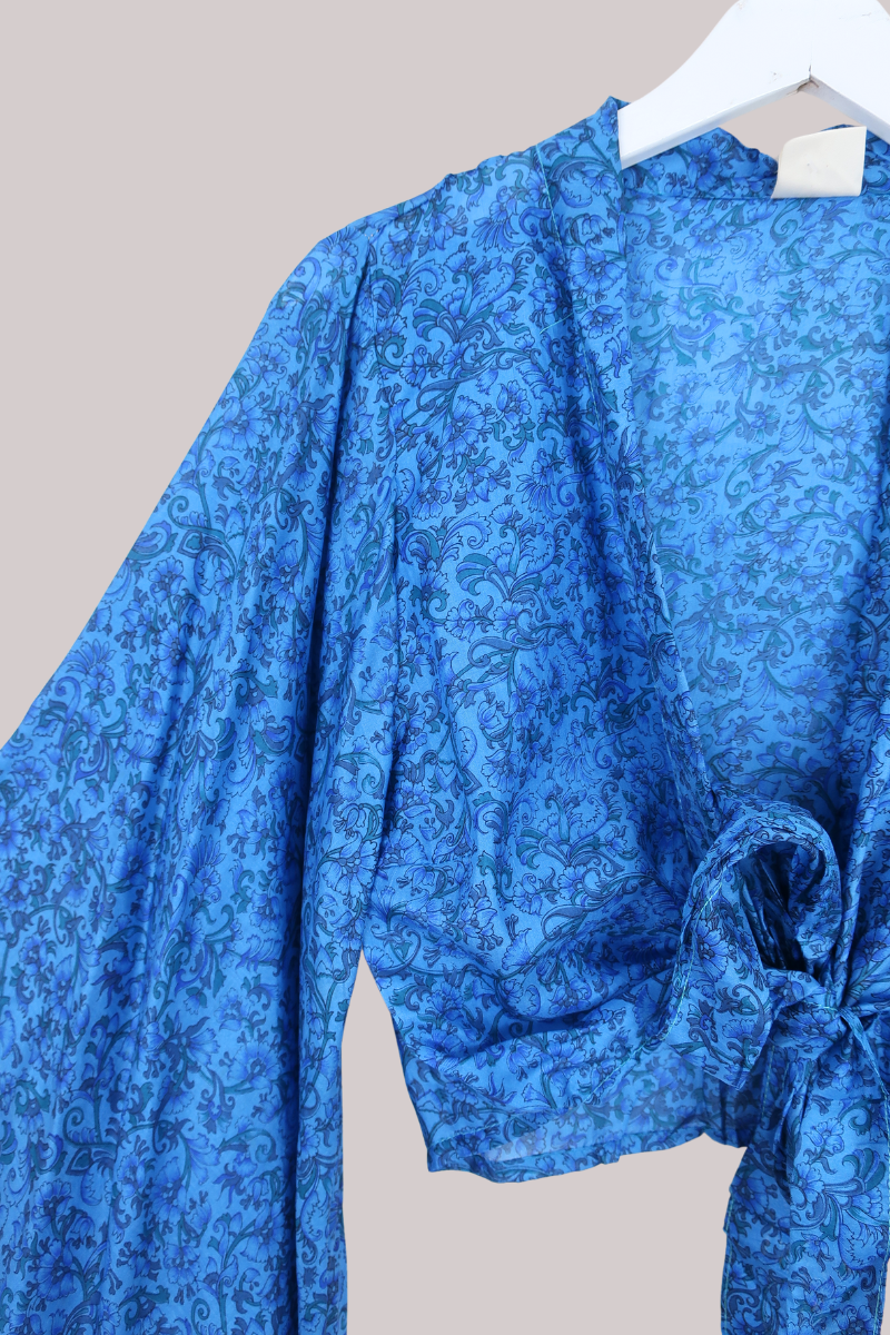 Aries Vintage Silk Wrap Top - Bluebell & Gold - Size M/L