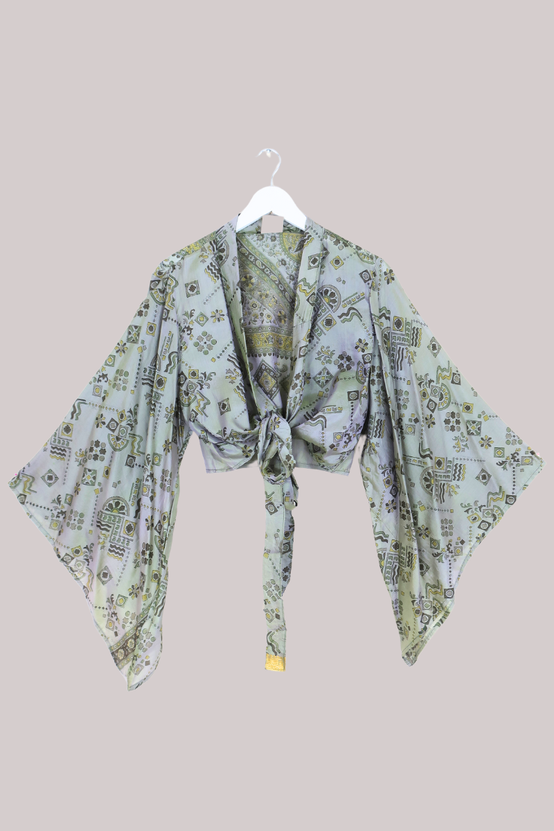 Aries Vintage Silk Wrap Top - Sage & Gold Motif - Size XL