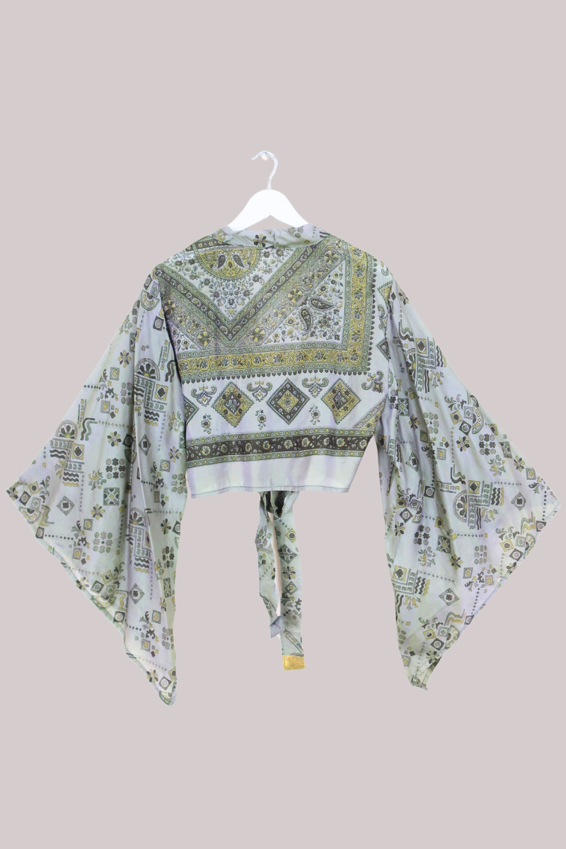 Aries Vintage Silk Wrap Top - Sage & Gold Motif - Size XL