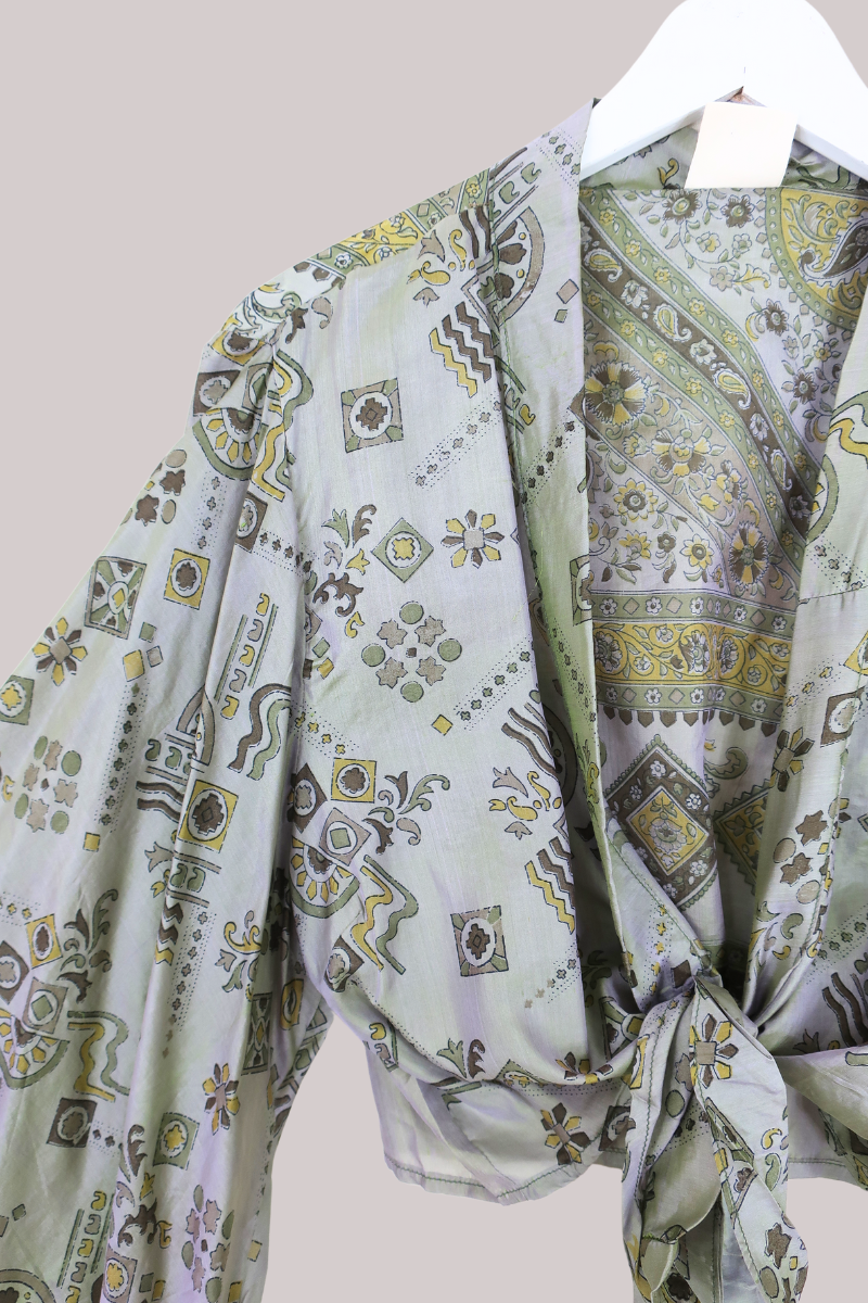 Aries Vintage Silk Wrap Top - Sage & Gold Motif - Size XL