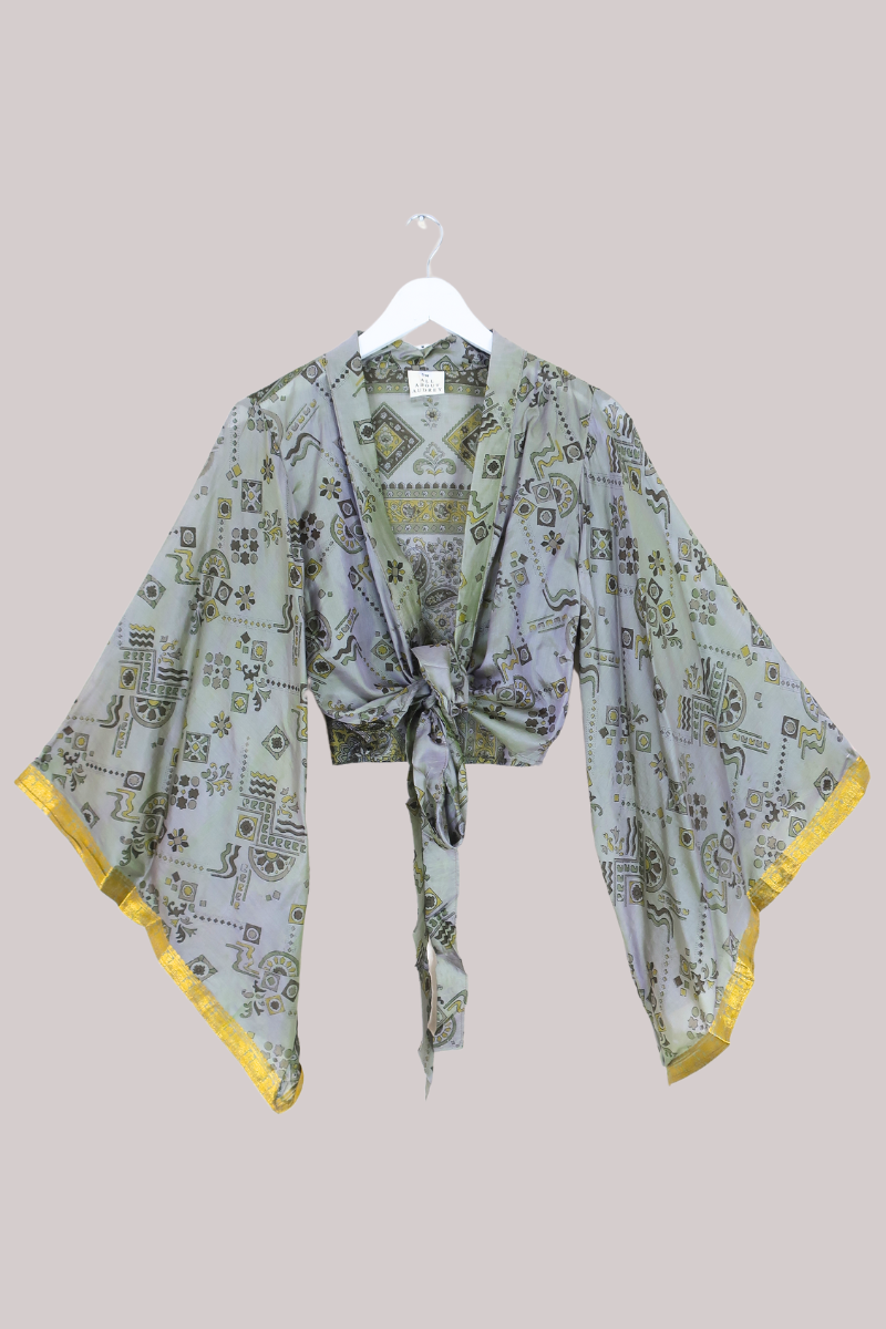 Aries Vintage Silk Wrap Top - Sage & Gold Motif - Size M/L