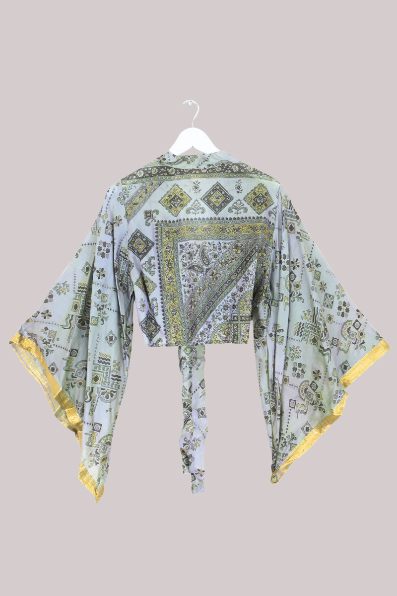 Aries Vintage Silk Wrap Top - Sage & Gold Motif - Size M/L