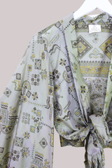 Aries Vintage Silk Wrap Top - Sage & Gold Motif - Size M/L