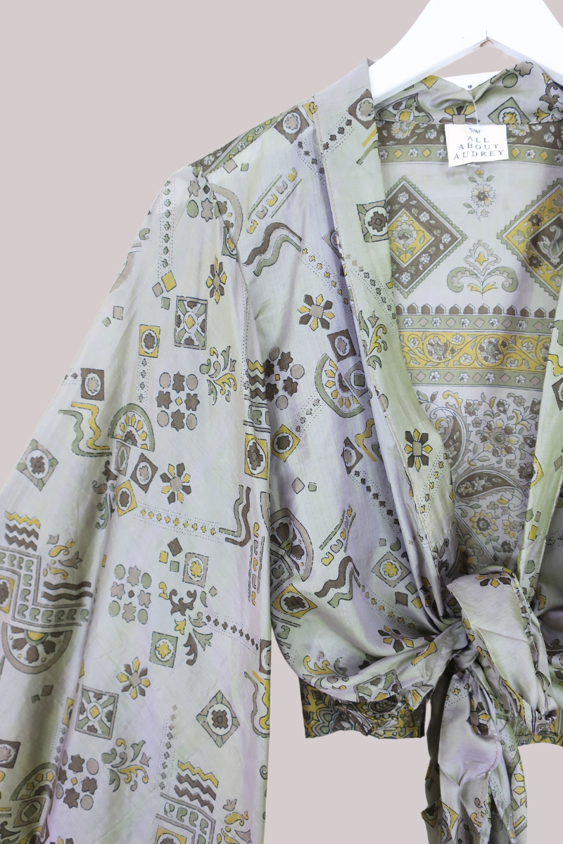 Aries Vintage Silk Wrap Top - Sage & Gold Motif - Size M/L