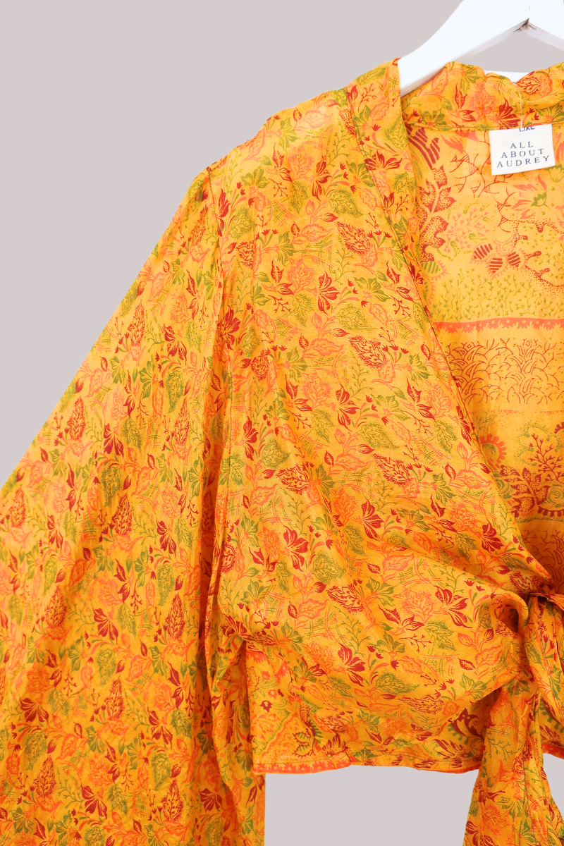 Aries Vintage Silk Wrap Top - Turmeric Botanical - Size XL