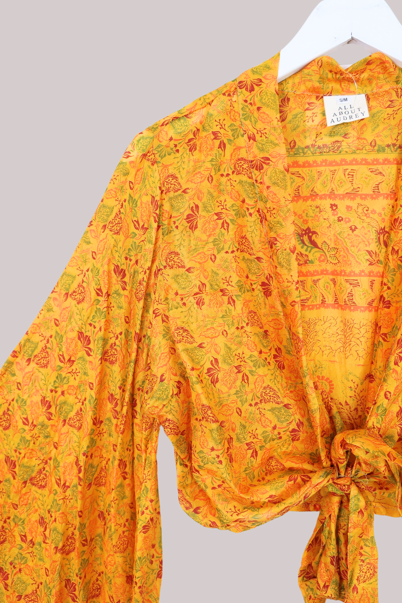 Aries Vintage Silk Wrap Top - Turmeric Botanical - Size M/L