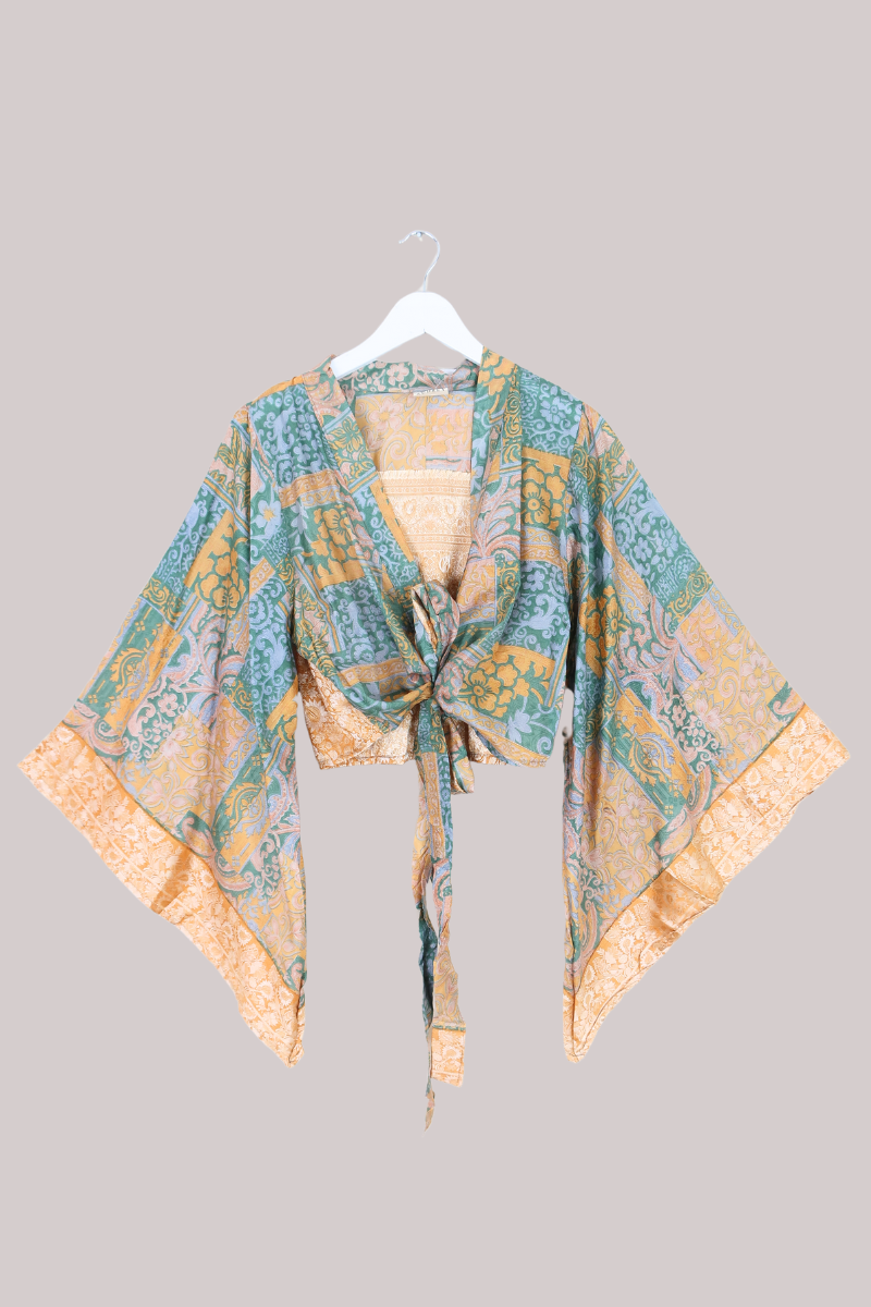 Aries Vintage Silk Wrap Top - Peach Spritz Patchwork - Size M/L